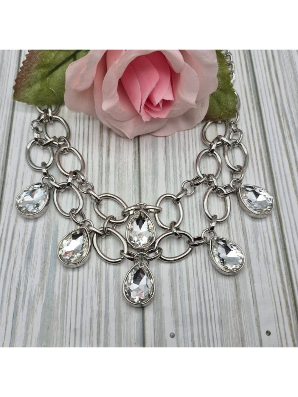 Crystal Teardrop Silver-Tone Statement Necklace Layered Chain Design 21" MINT